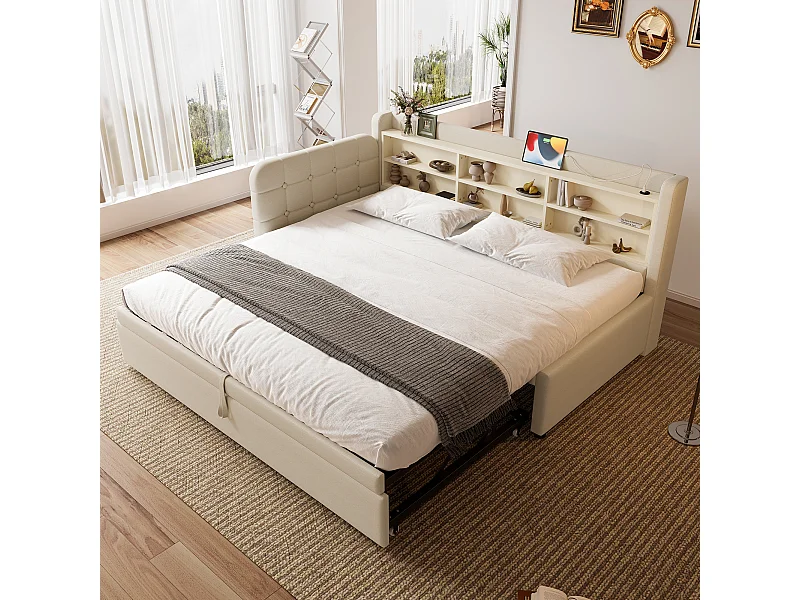 Canapé-lit enfant - 90 x 200 cm - avec lit gigogne90 x 190 cm + rangement + USB - lin - beige