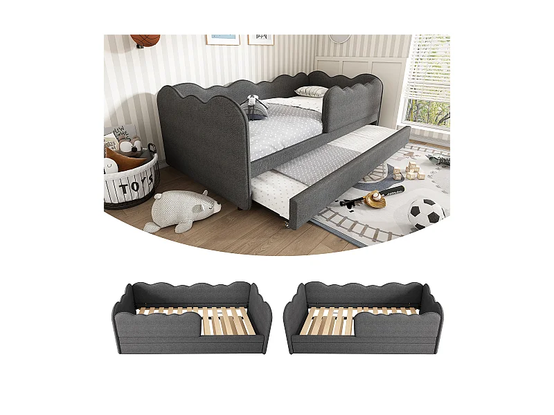 Gepolstertes Schlafsofa - 90 x 190 cm - mit Ausziehbett 90 x 190 cm + Lattenrost - Leinen - Grau