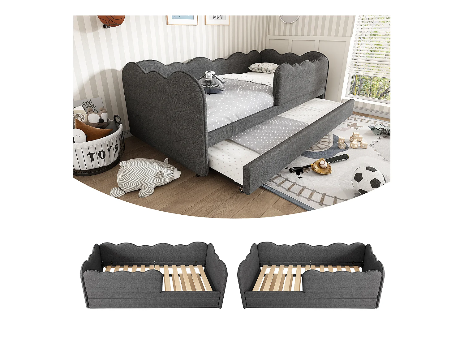 Canapé-lit rembourré - 90 x 190 cm - avec lit gigogne 90 x 190 cm + sommier à lattes - lin - gris