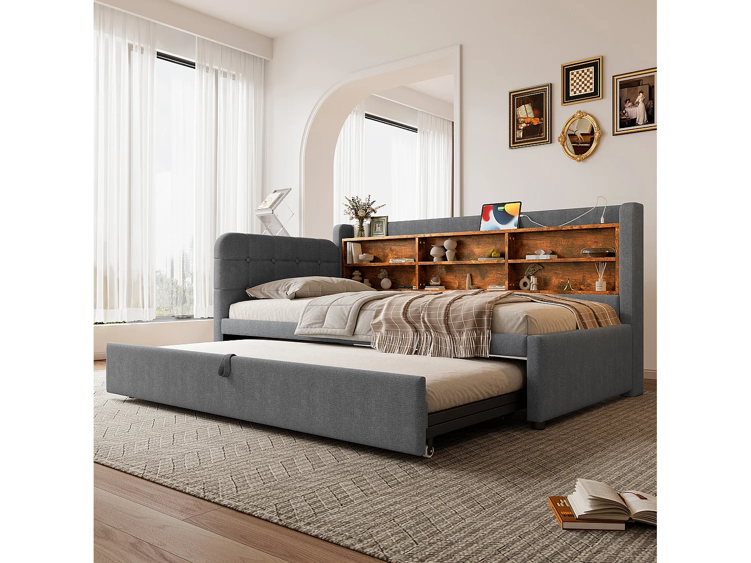 Sofa dziecięca rozkładana - 90 x 200 cm - z łóżkiem wysuwanym 90 x 190 cm + schowek + USB - pościel - szara