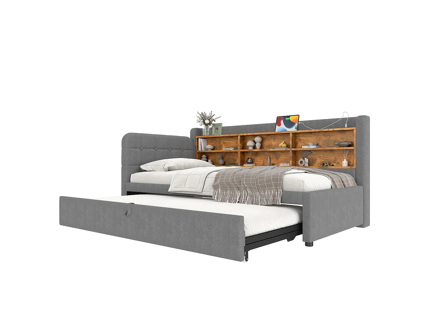 Sofa dziecięca rozkładana - 90 x 200 cm - z łóżkiem wysuwanym 90 x 190 cm + schowek + USB - pościel - szara