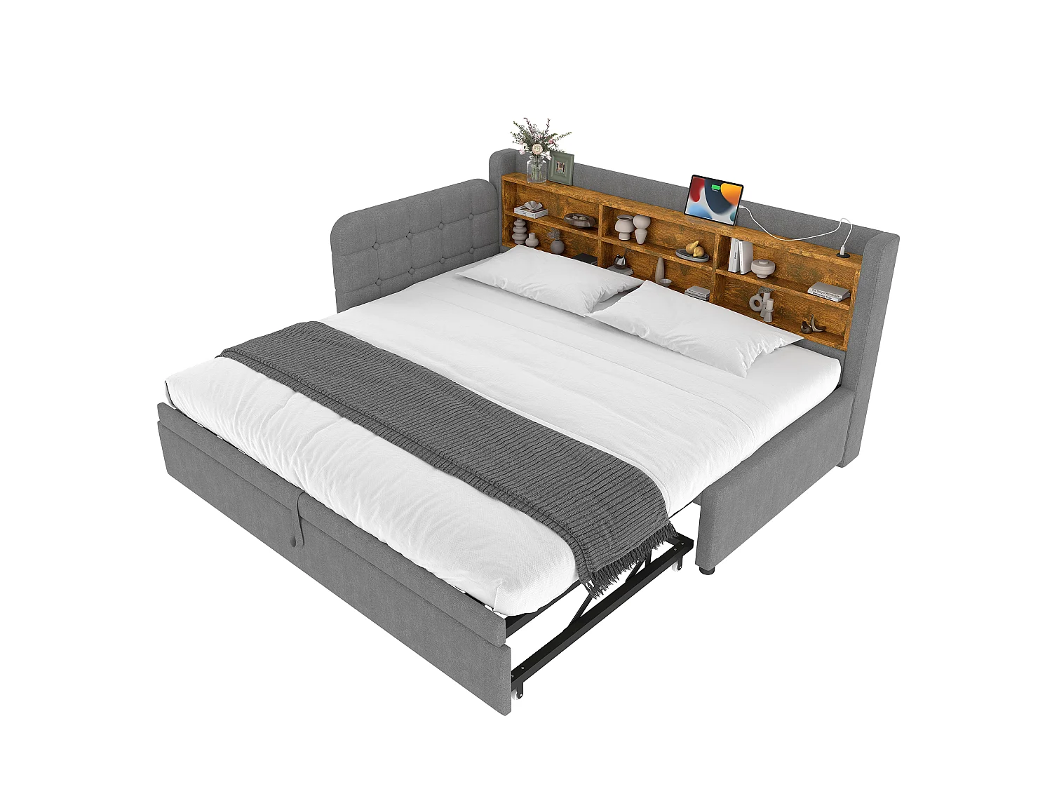 Sofa dziecięca rozkładana - 90 x 200 cm - z łóżkiem wysuwanym 90 x 190 cm + schowek + USB - pościel - szara