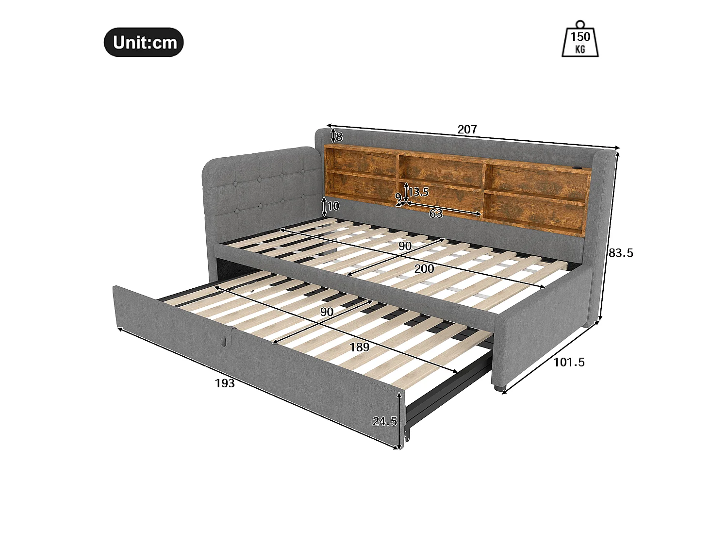 Sofa dziecięca rozkładana - 90 x 200 cm - z łóżkiem wysuwanym 90 x 190 cm + schowek + USB - pościel - szara
