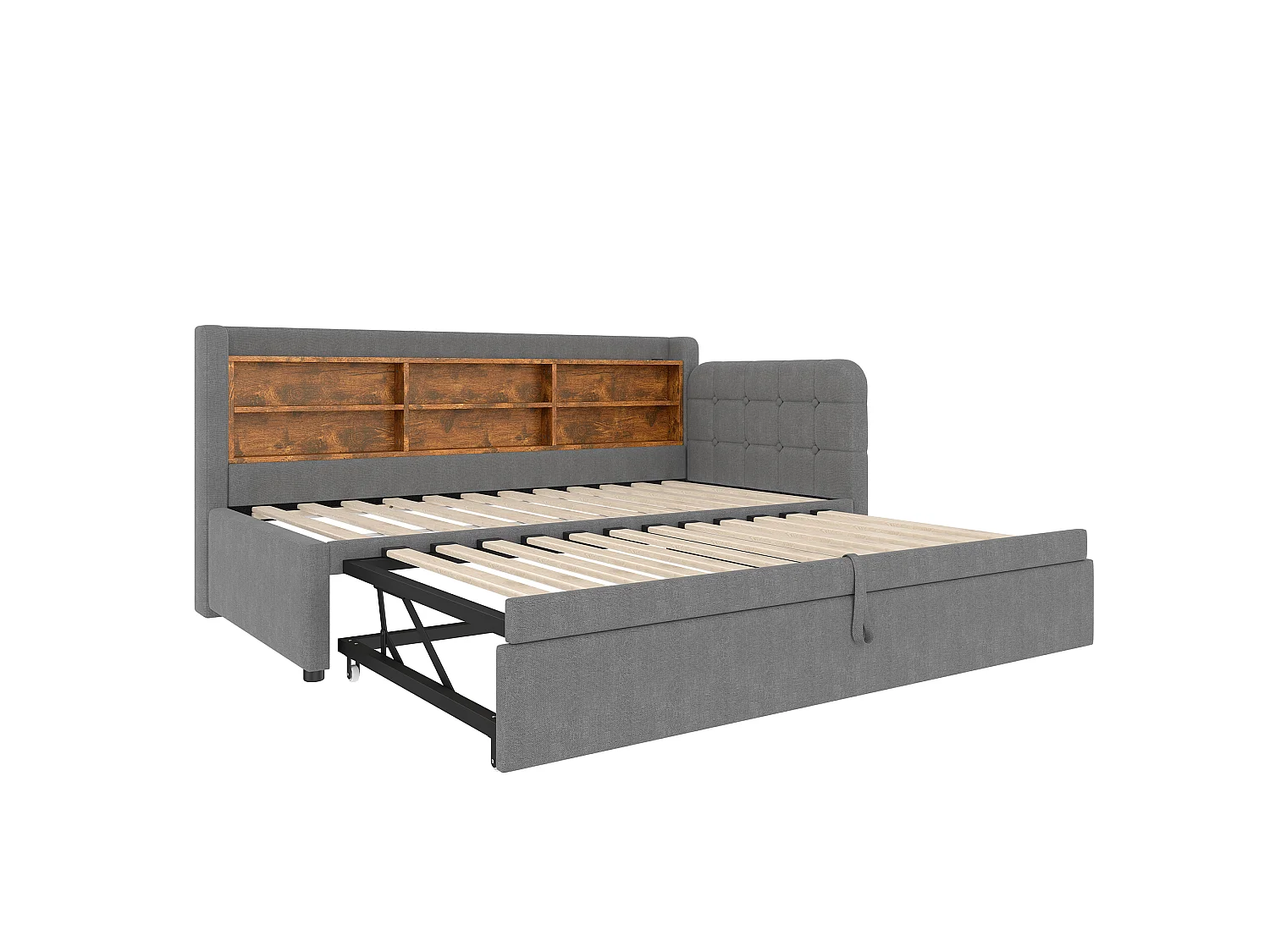 Sofa dziecięca rozkładana - 90 x 200 cm - z łóżkiem wysuwanym 90 x 190 cm + schowek + USB - pościel - szara
