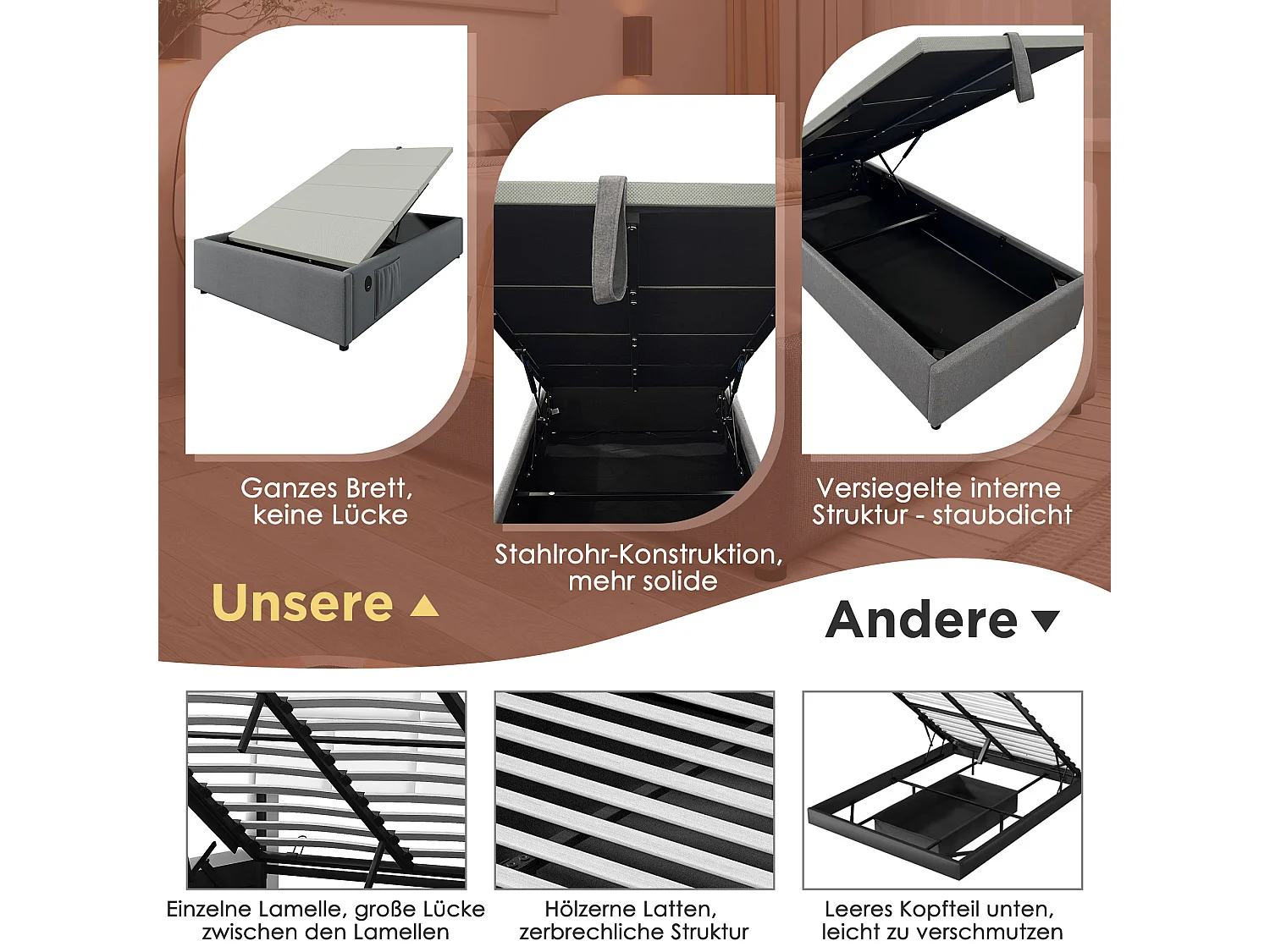 Kinderbett mit Stauraum - 90 x 190 cm - mit Bücherregal + hydraulischem Stauraum + USB - Leinen + Holz - Grau