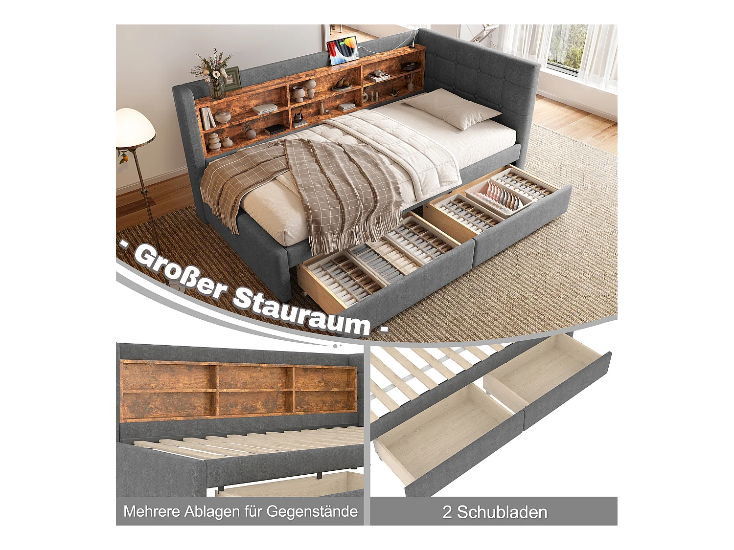 Canapé-lit pour enfant - 90 x 200 cm - avec 2 tiroirs + USB + rangement - lin - gris