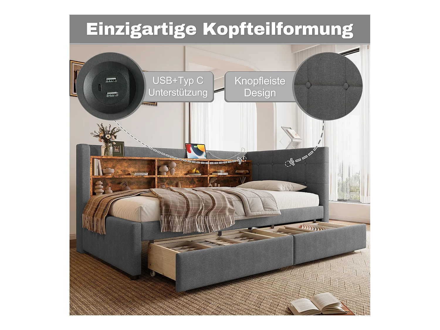 Canapé-lit pour enfant - 90 x 200 cm - avec 2 tiroirs + USB + rangement - lin - gris