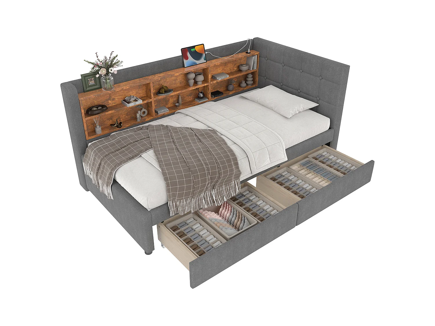 Canapé-lit pour enfant - 90 x 200 cm - avec 2 tiroirs + USB + rangement - lin - gris