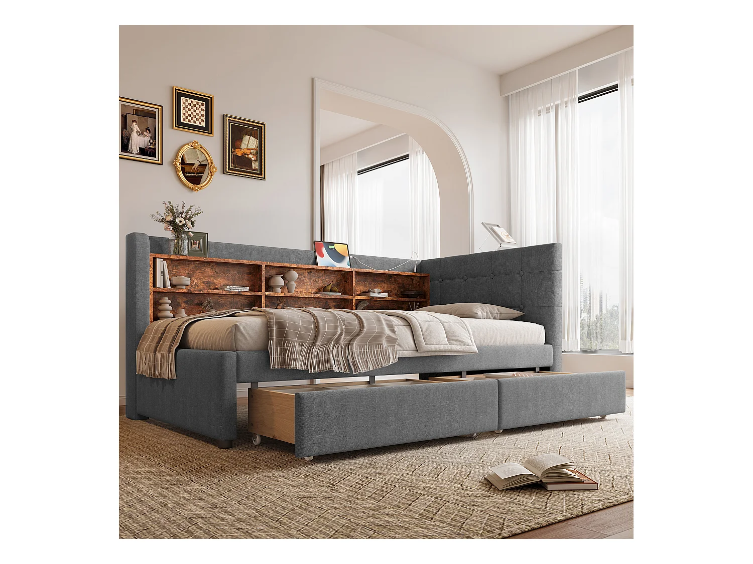Canapé-lit pour enfant - 90 x 200 cm - avec 2 tiroirs + USB + rangement - lin - gris