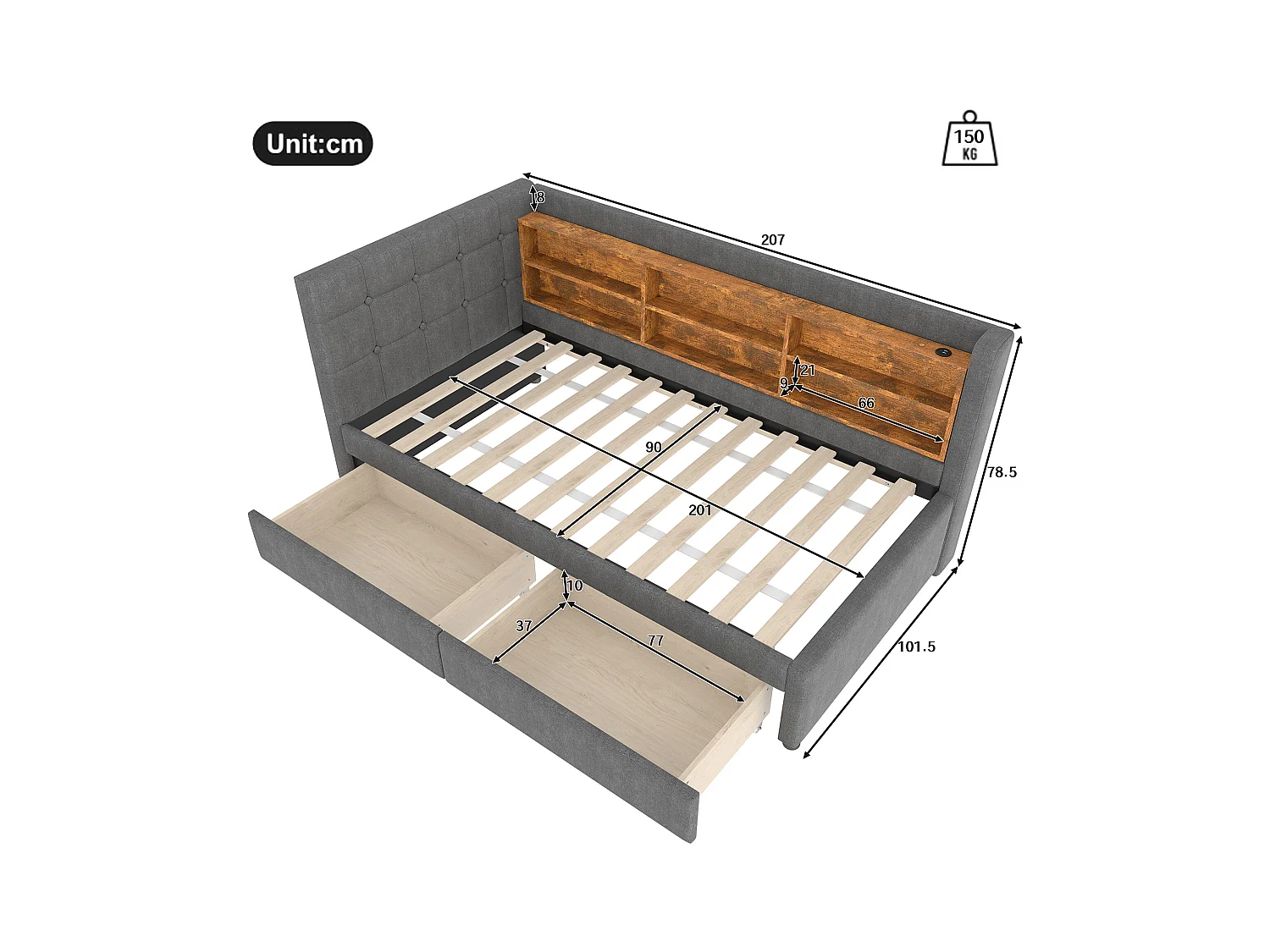 Canapé-lit pour enfant - 90 x 200 cm - avec 2 tiroirs + USB + rangement - lin - gris