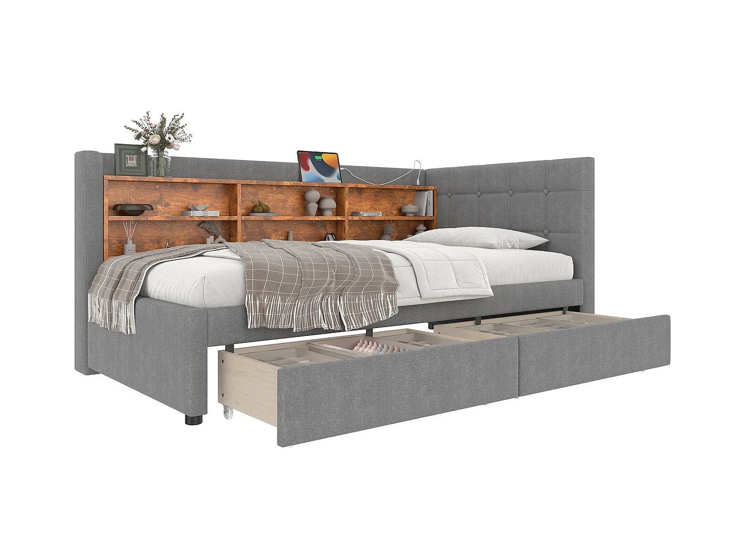 Canapé-lit pour enfant - 90 x 200 cm - avec 2 tiroirs + USB + rangement - lin - gris