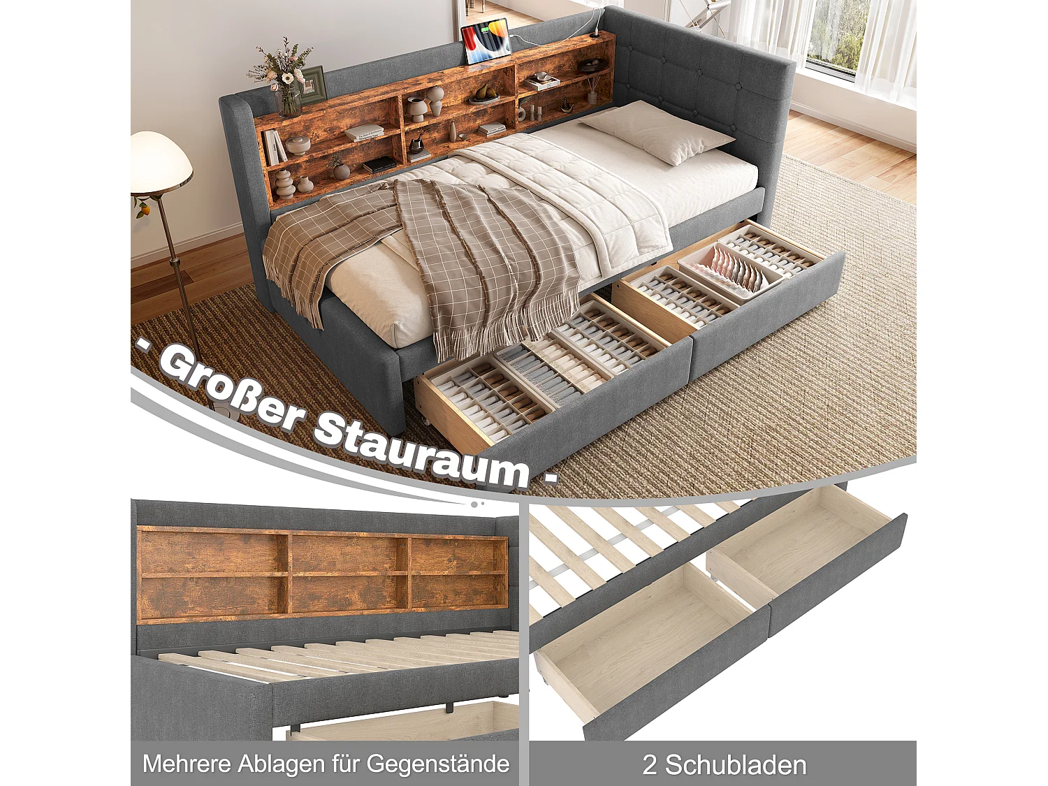 Canapé-lit pour enfant - 90 x 200 cm - avec 2 tiroirs + USB + rangement - lin - gris