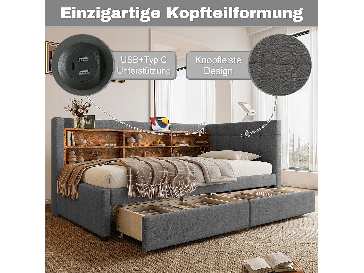 Canapé-lit pour enfant - 90 x 200 cm - avec 2 tiroirs + USB + rangement - lin - gris