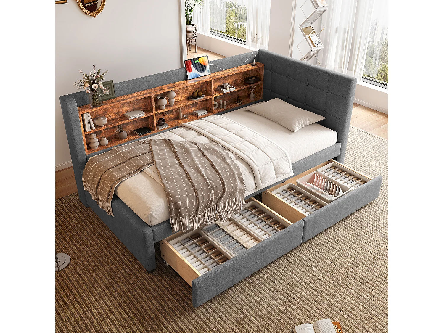 Canapé-lit pour enfant - 90 x 200 cm - avec 2 tiroirs + USB + rangement - lin - gris