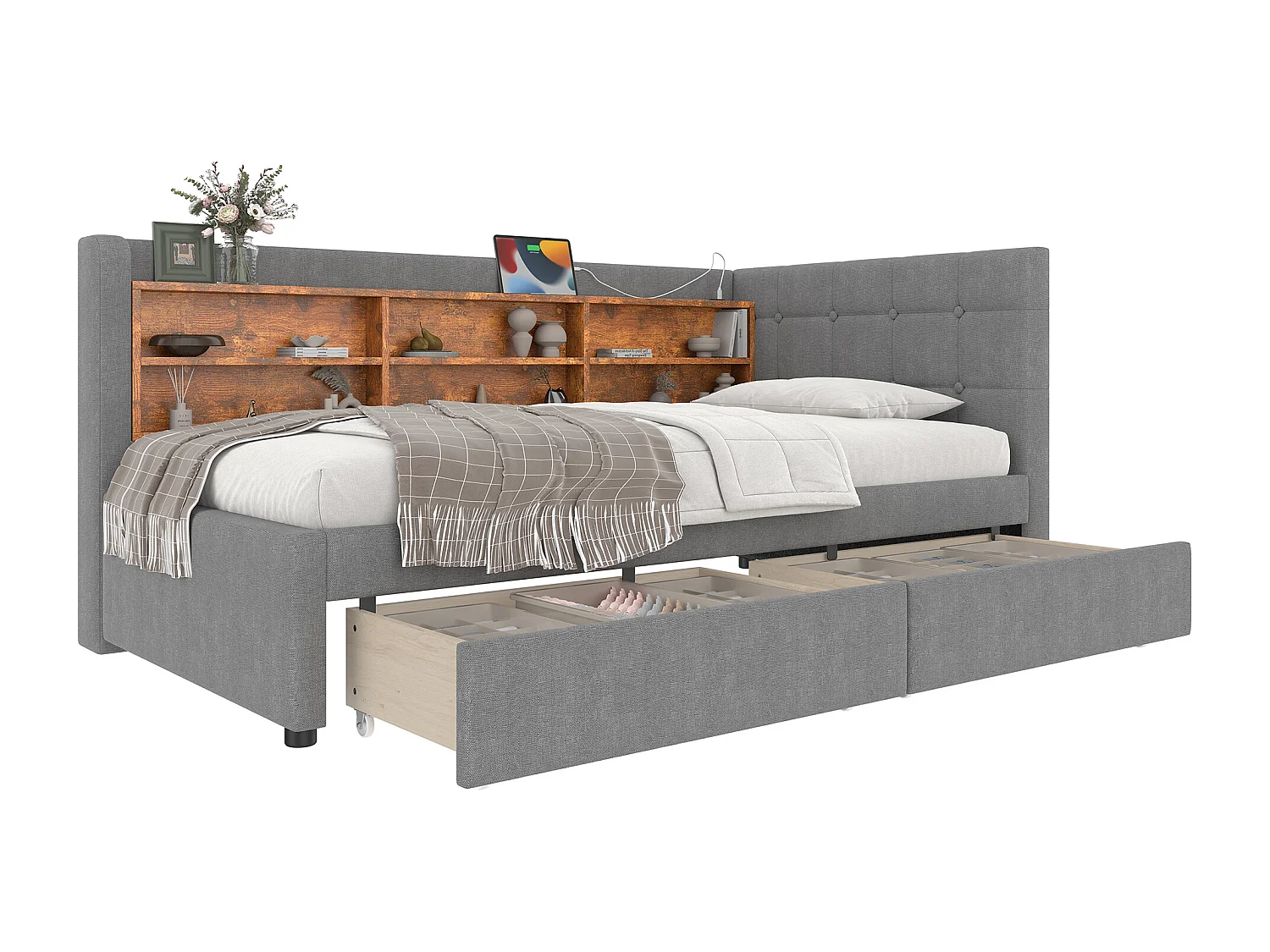 Canapé-lit pour enfant - 90 x 200 cm - avec 2 tiroirs + USB + rangement - lin - gris