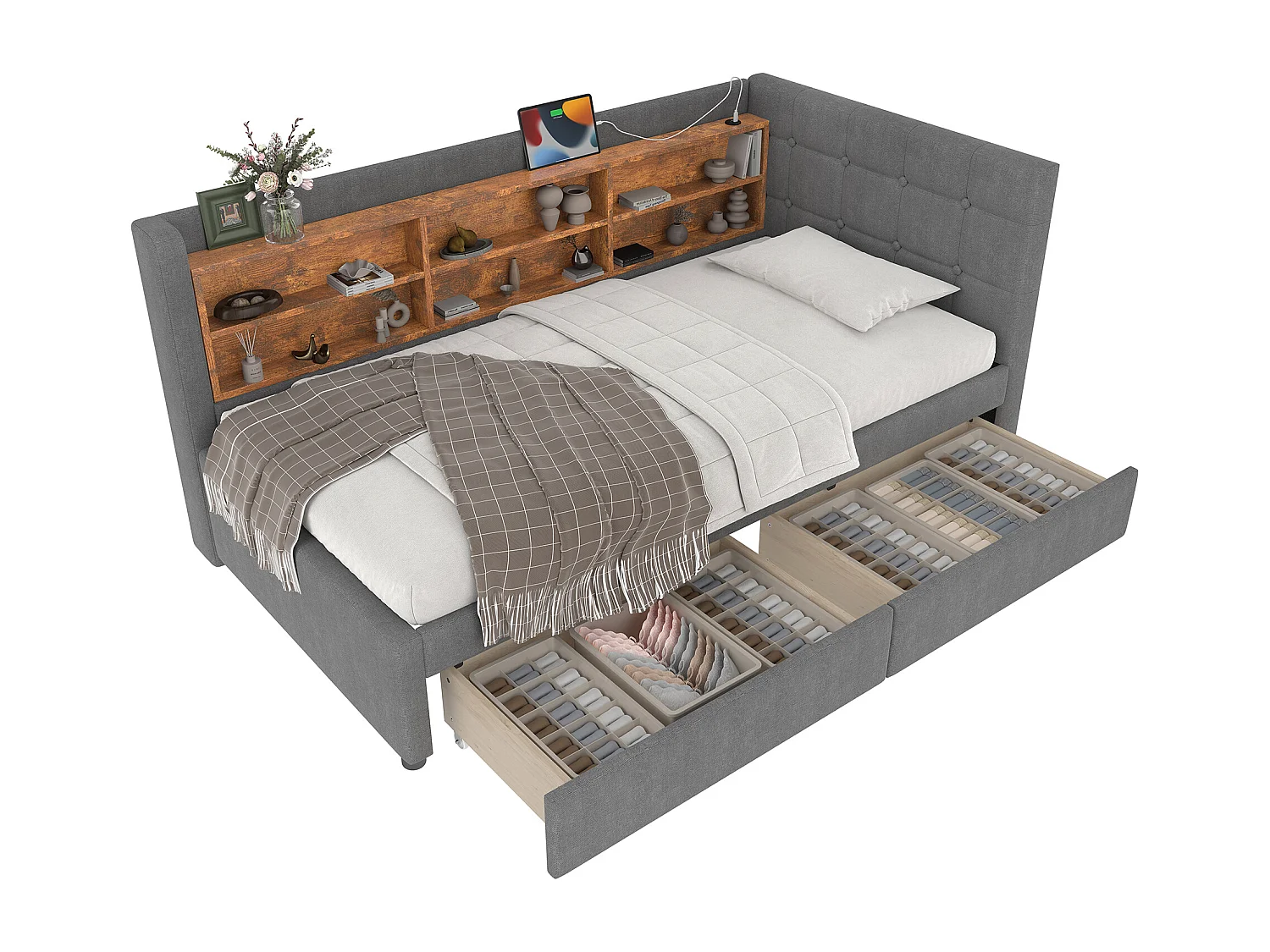 Canapé-lit pour enfant - 90 x 200 cm - avec 2 tiroirs + USB + rangement - lin - gris