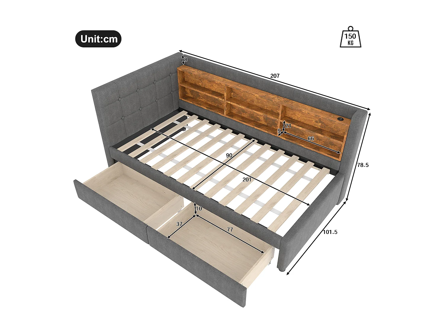 Canapé-lit pour enfant - 90 x 200 cm - avec 2 tiroirs + USB + rangement - lin - gris