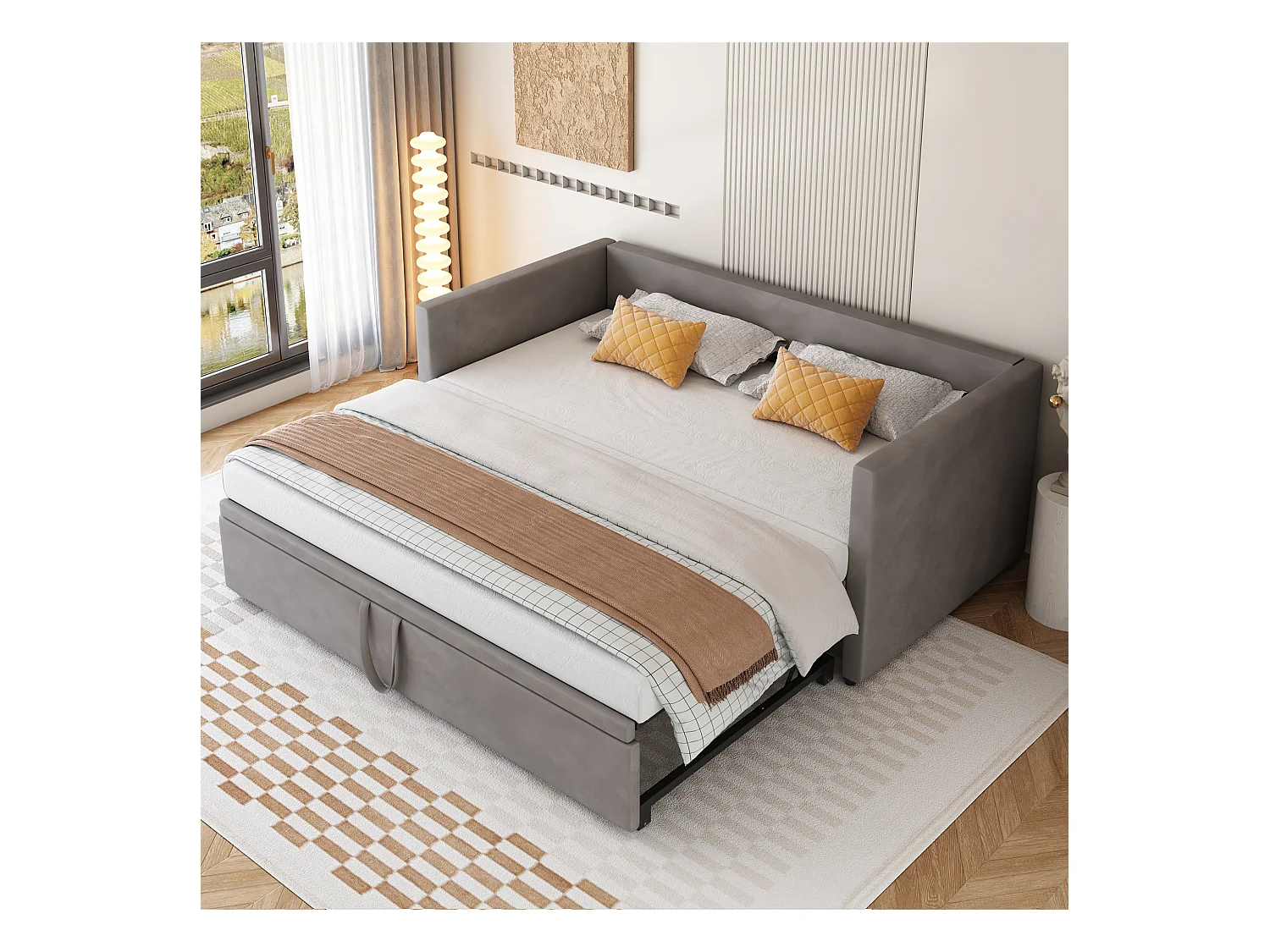 Canapé-lit gigogne pour enfant - 90/180 x 200 cm - avec sommier à lattes - velours - gris