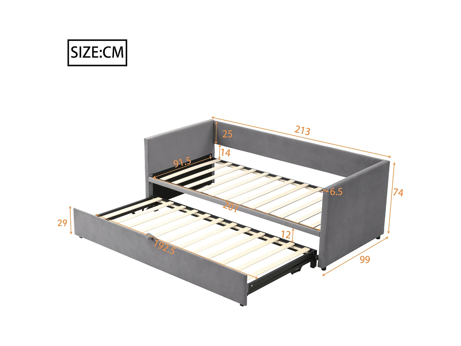 Canapé-lit gigogne pour enfant - 90/180 x 200 cm - avec sommier à lattes - velours - gris