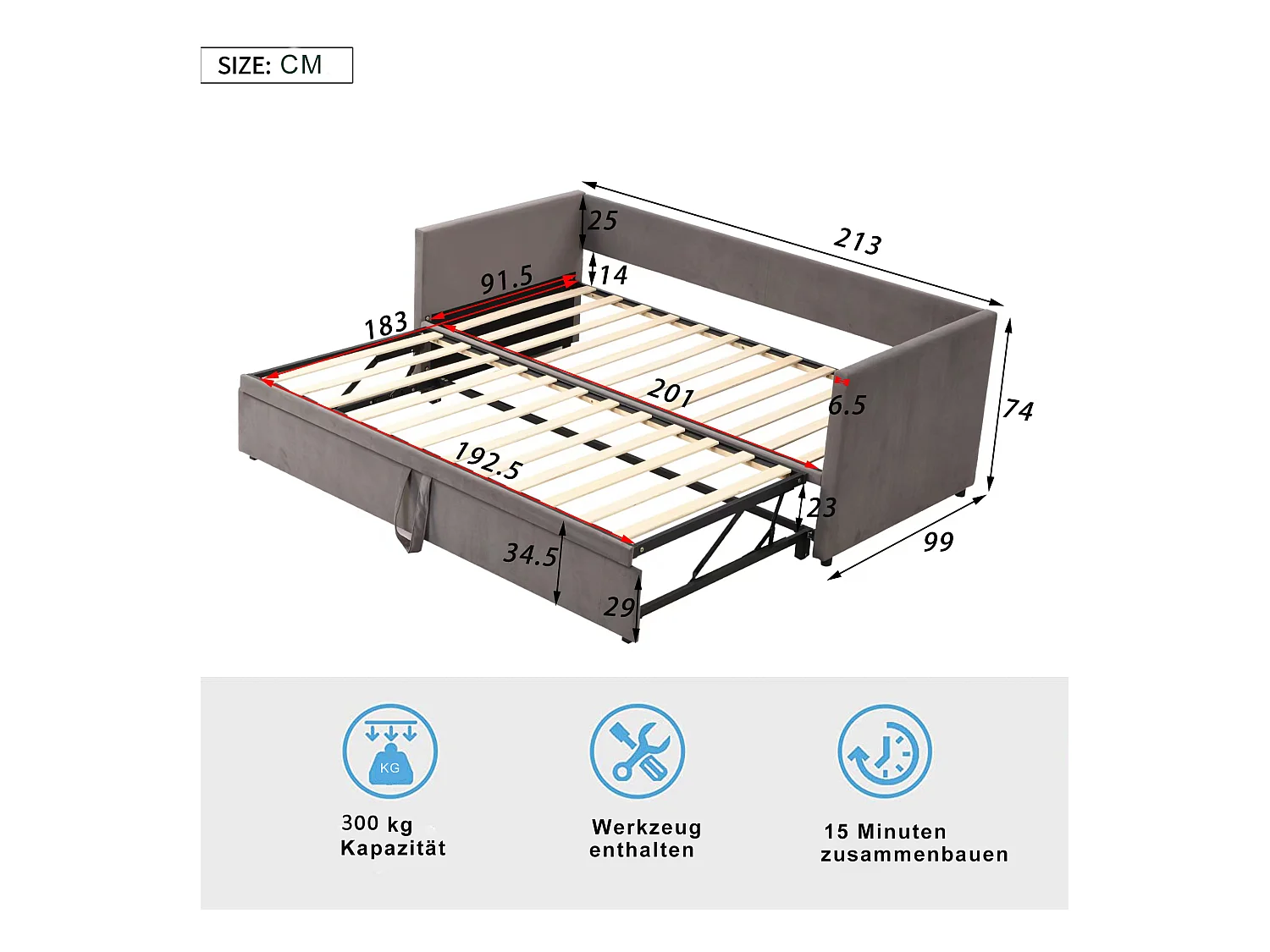 Canapé-lit gigogne pour enfant - 90/180 x 200 cm - avec sommier à lattes - velours - gris