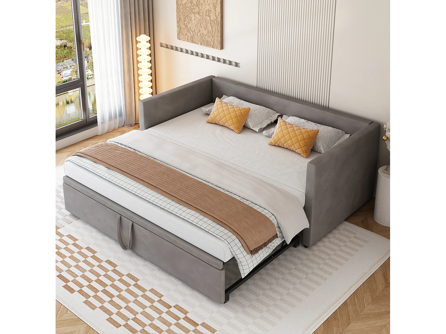 Sofá-cama infantil - 90/180 x 200 cm - com base de ripas - veludo - cinza