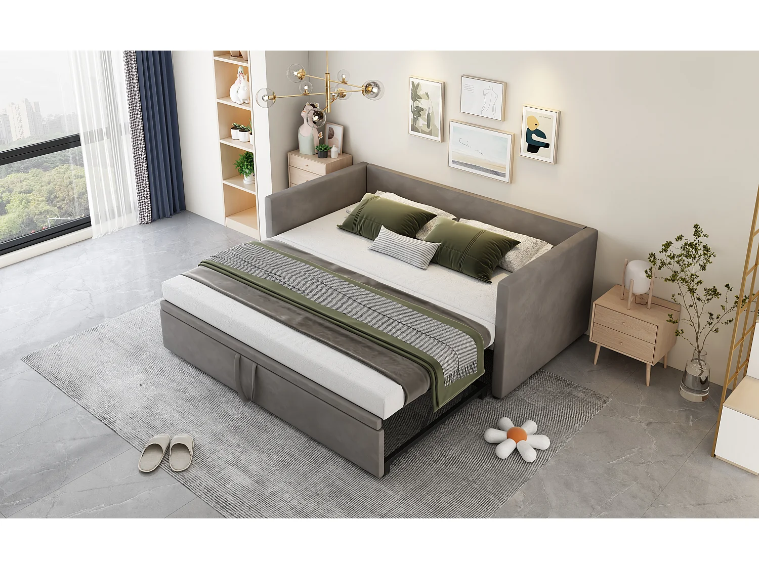 Sofá-cama infantil - 90/180 x 200 cm - com base de ripas - veludo - cinza