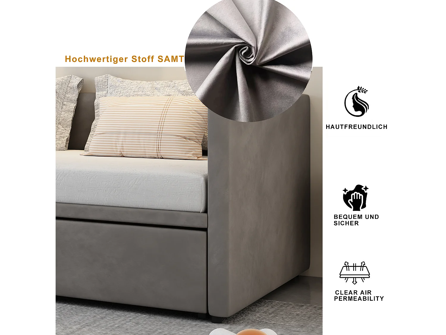 Sofá-cama infantil - 90/180 x 200 cm - com base de ripas - veludo - cinza