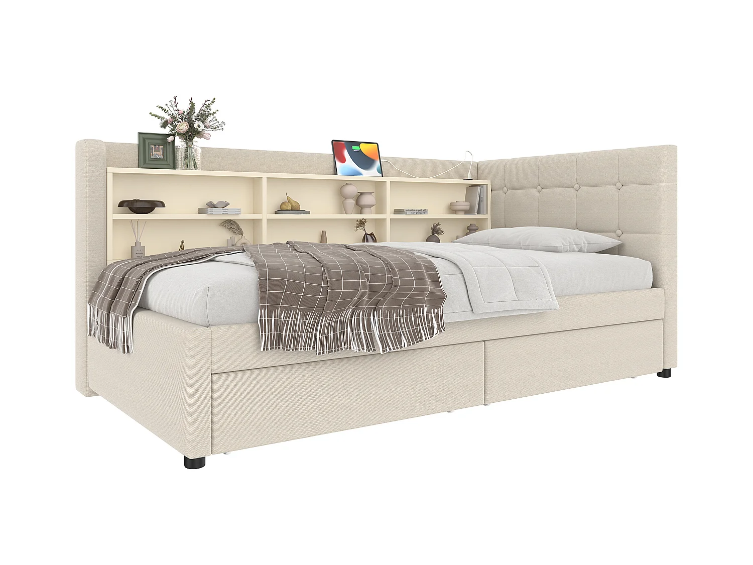 Canapé-lit pour enfant - 90 x 200 cm - avec 2 tiroirs + USB + rangement - lin - beige