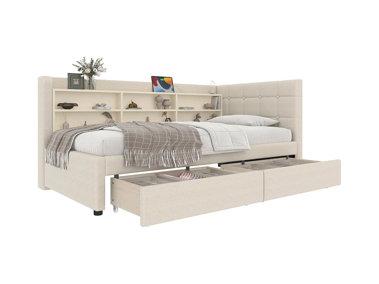 Canapé-lit pour enfant - 90 x 200 cm - avec 2 tiroirs + USB + rangement - lin - beige