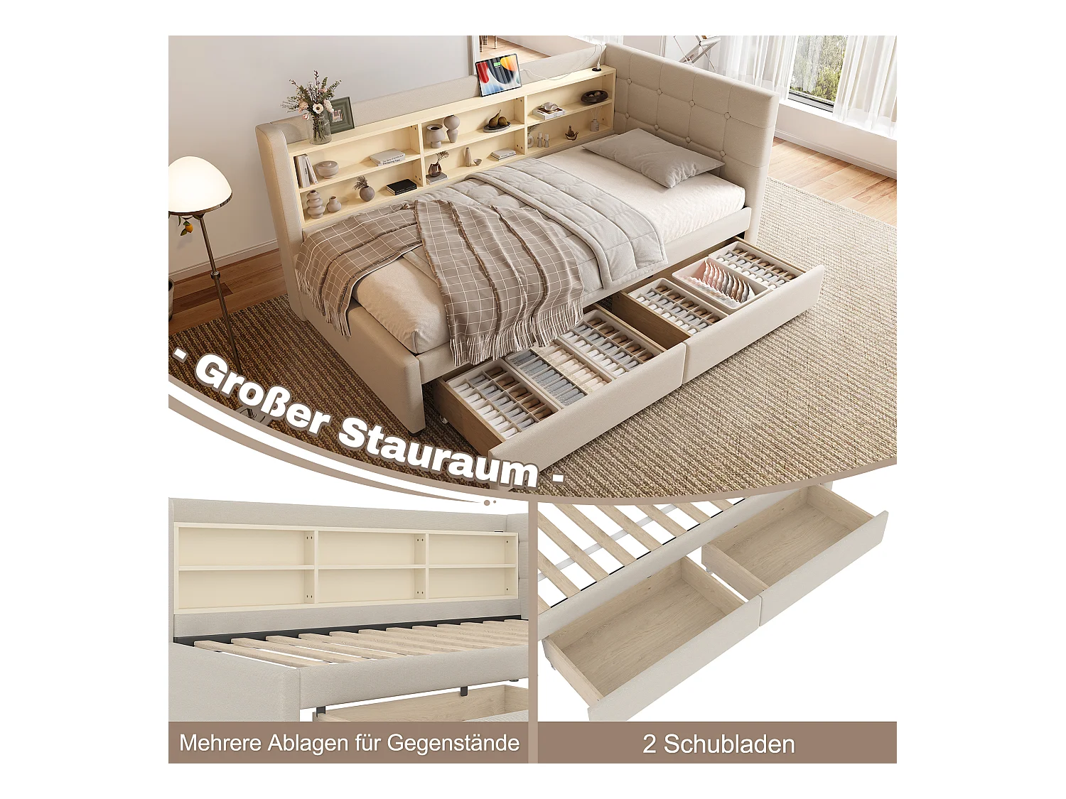 Canapé-lit pour enfant - 90 x 200 cm - avec 2 tiroirs + USB + rangement - lin - beige