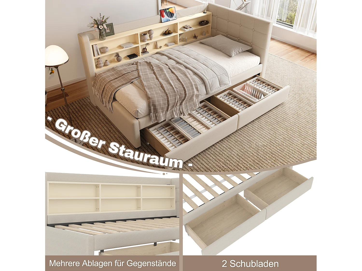 Canapé-lit pour enfant - 90 x 200 cm - avec 2 tiroirs + USB + rangement - lin - beige