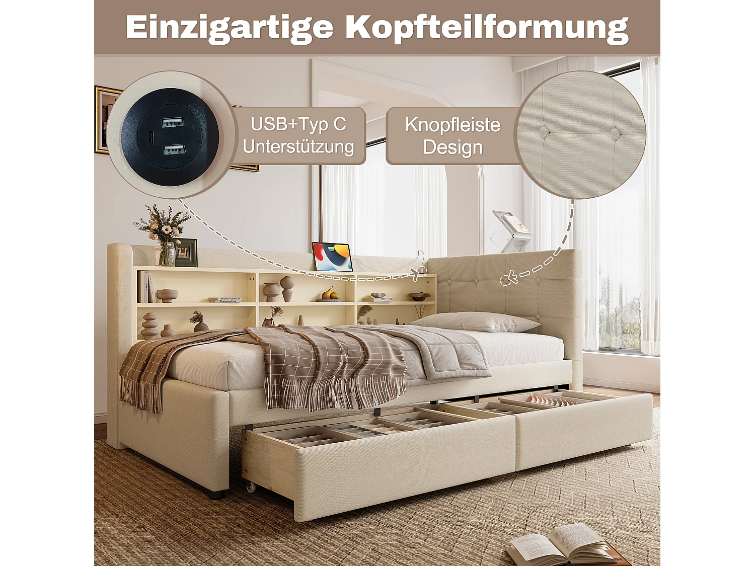 Canapé-lit pour enfant - 90 x 200 cm - avec 2 tiroirs + USB + rangement - lin - beige