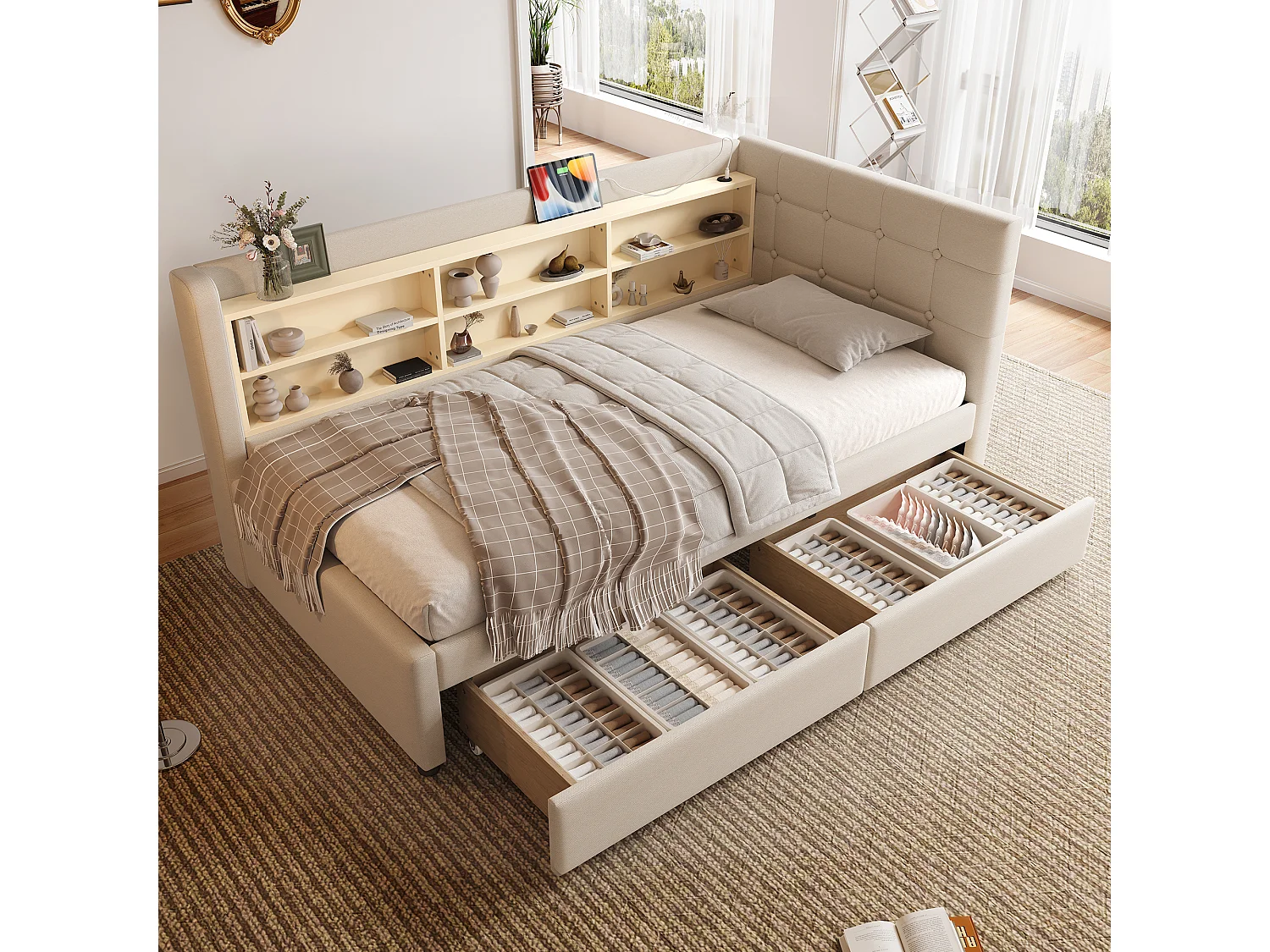 Canapé-lit pour enfant - 90 x 200 cm - avec 2 tiroirs + USB + rangement - lin - beige