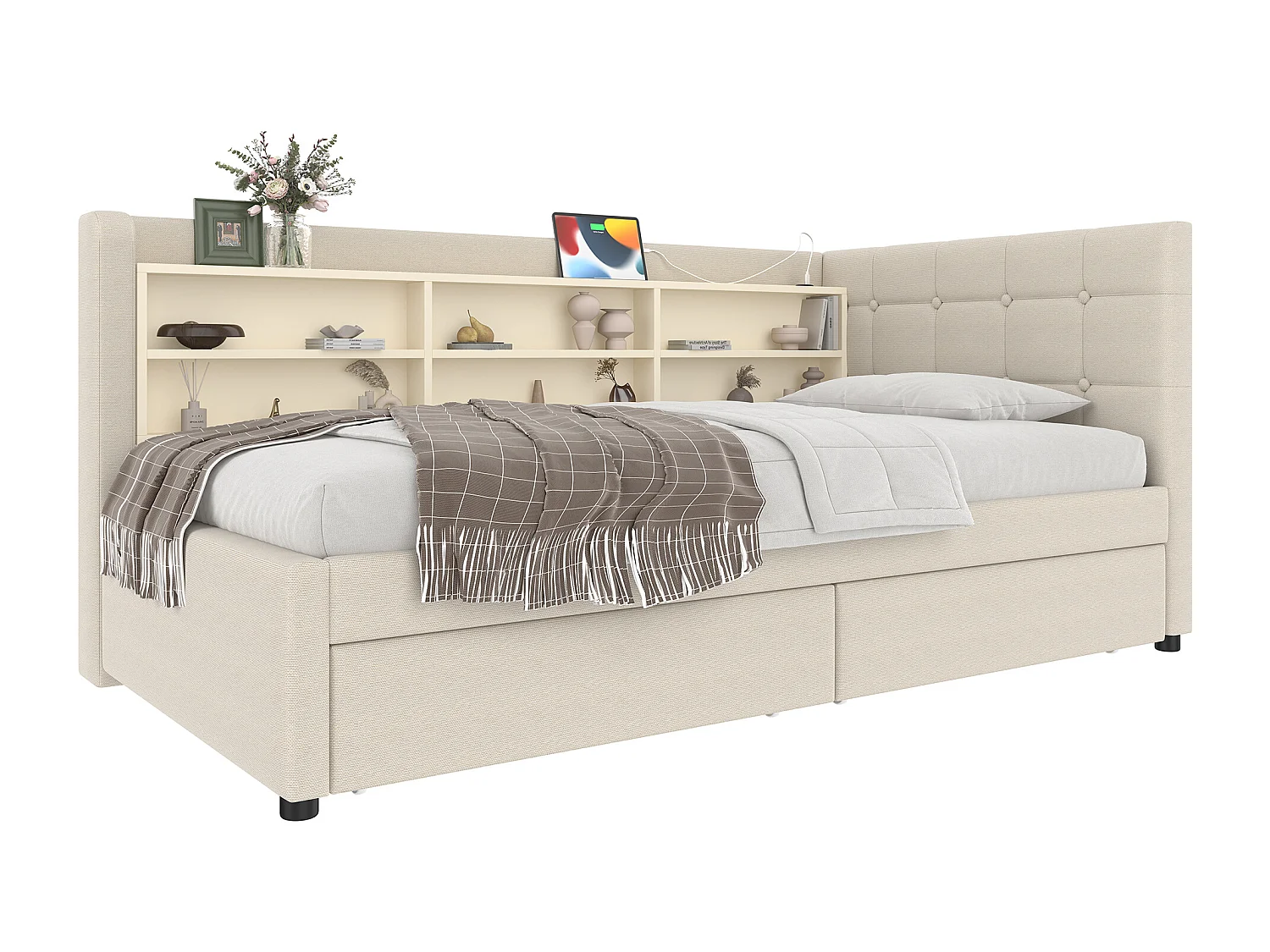 Canapé-lit pour enfant - 90 x 200 cm - avec 2 tiroirs + USB + rangement - lin - beige