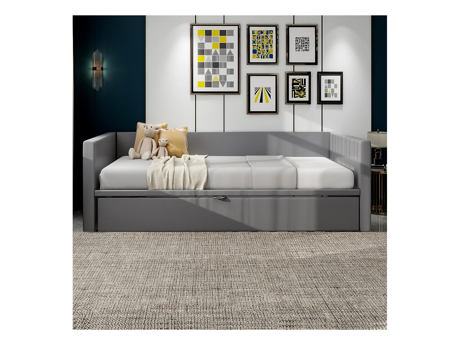 Canapé-lit gigogne pour enfant - 90/180 x 200 cm - avec sommier à lattes - velours - gris clair