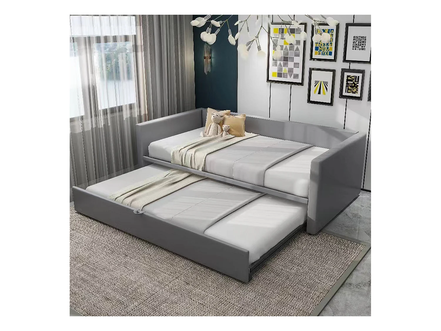 Canapé-lit gigogne pour enfant - 90/180 x 200 cm - avec sommier à lattes - velours - gris clair