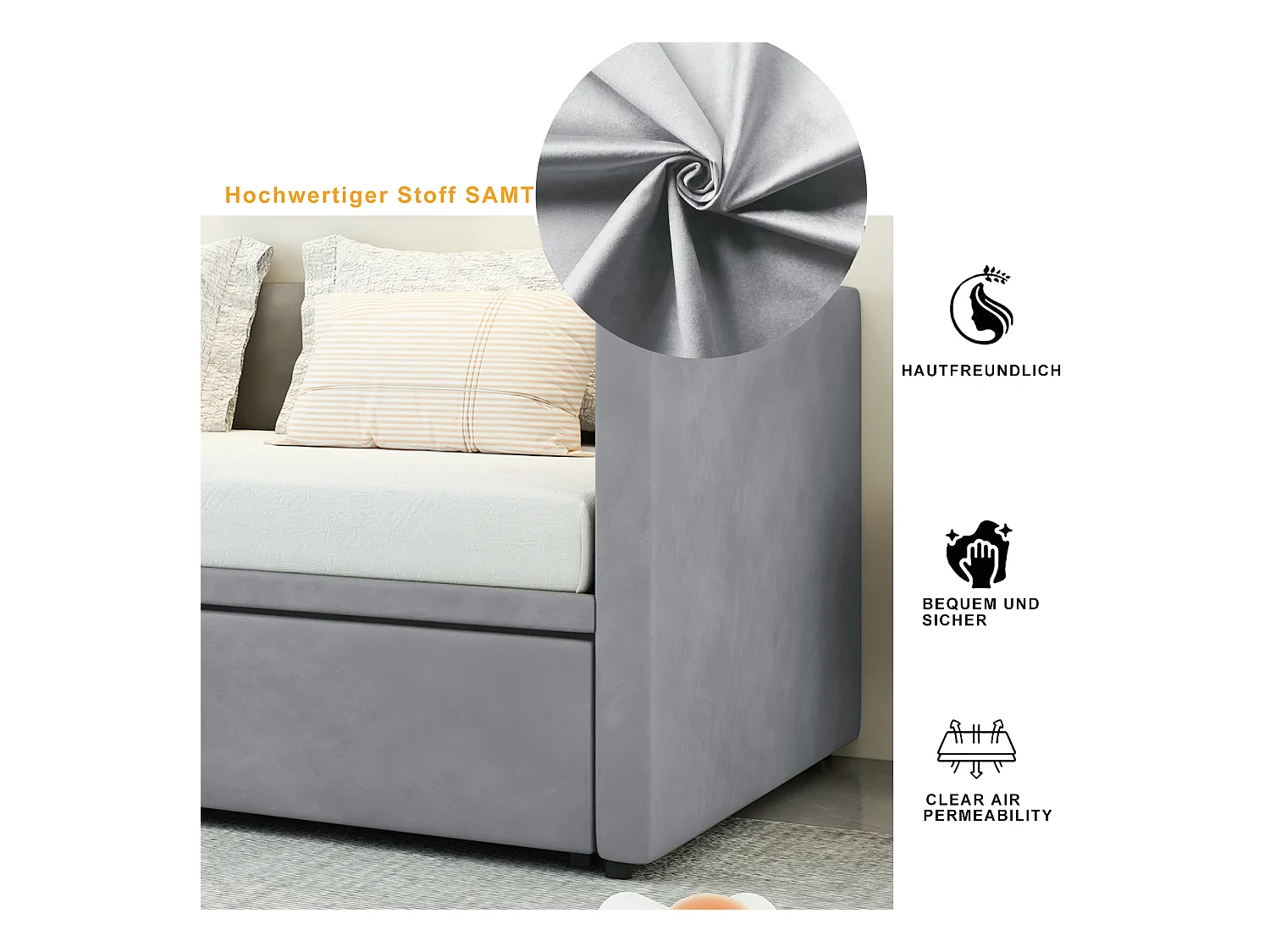 Canapé-lit gigogne pour enfant - 90/180 x 200 cm - avec sommier à lattes - velours - gris clair