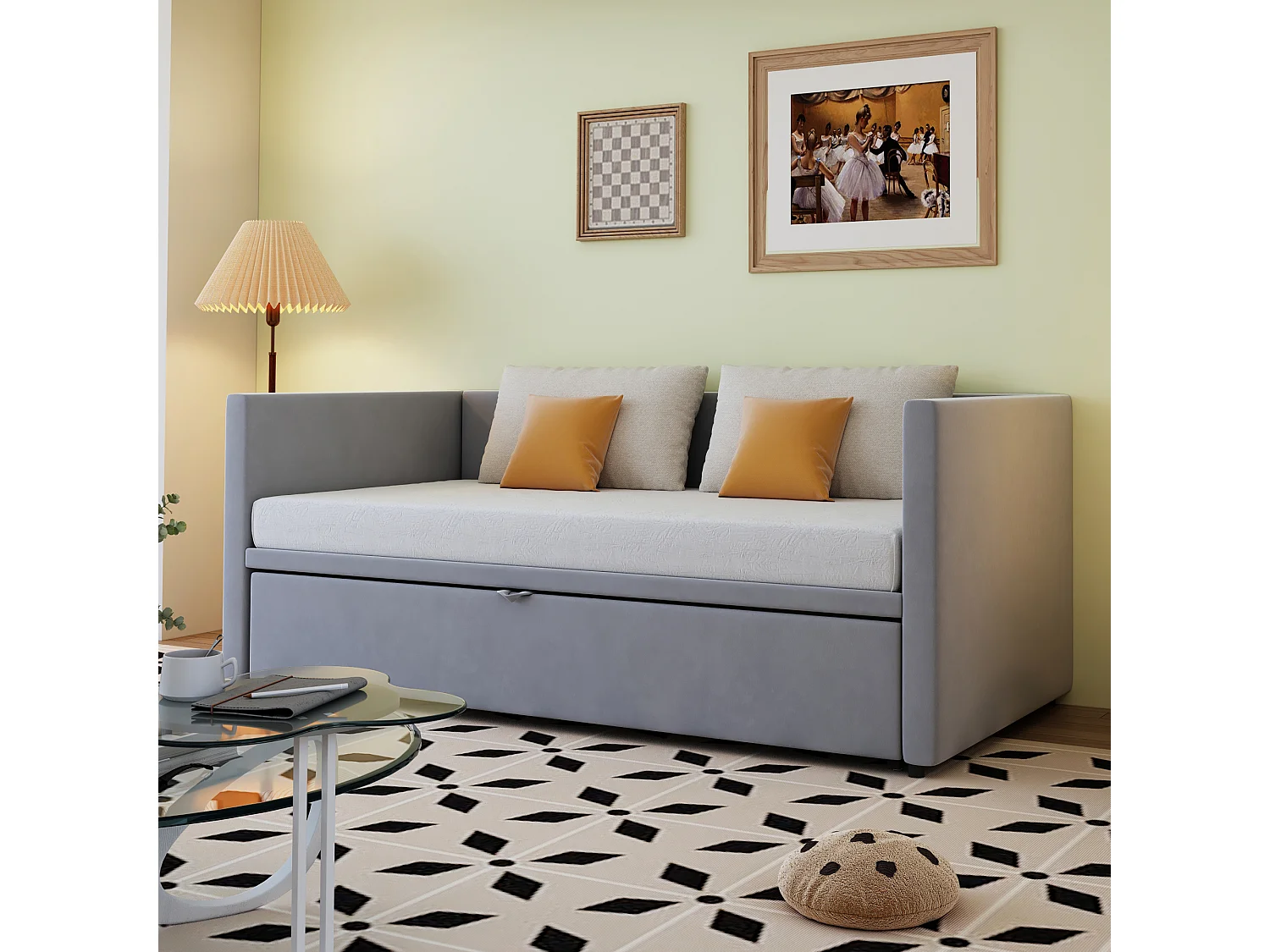 Canapé-lit gigogne pour enfant - 90/180 x 200 cm - avec sommier à lattes - velours - gris clair