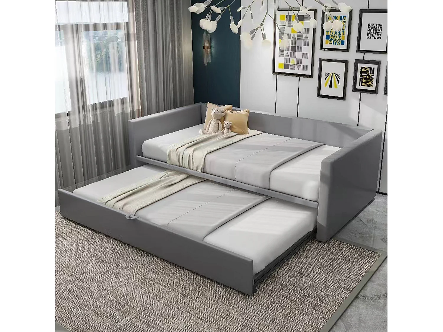 Canapé-lit gigogne pour enfant - 90/180 x 200 cm - avec sommier à lattes - velours - gris clair