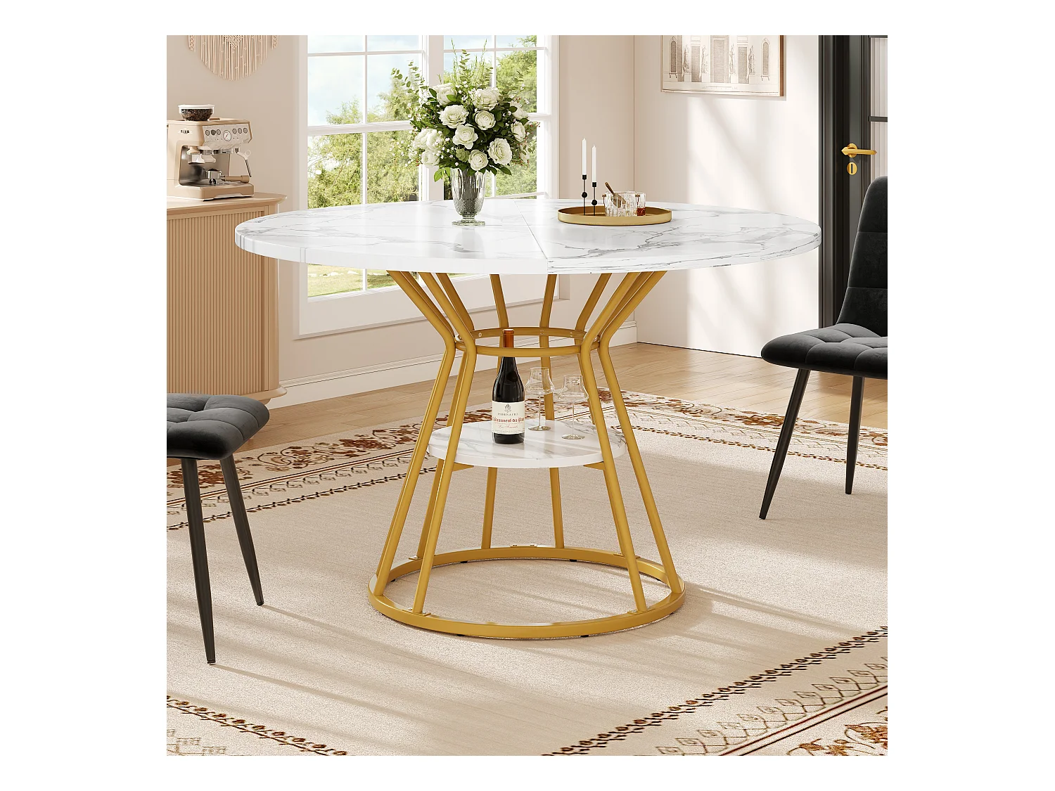 Table à manger ronde - 100 x 100 x 76 cm - avec rangement - motif marbre - MDF + Métal - doré