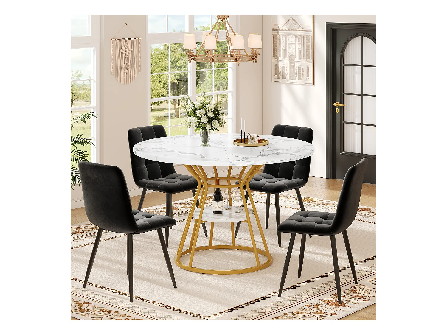 Table à manger ronde - 100 x 100 x 76 cm - avec rangement - motif marbre - MDF + Métal - doré