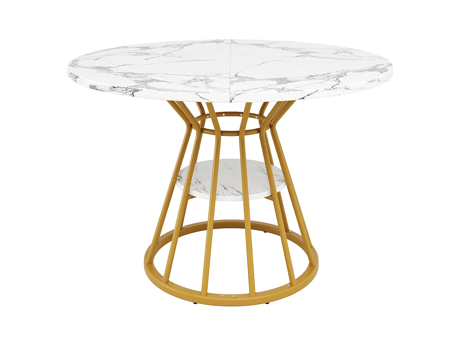 Table à manger ronde - 100 x 100 x 76 cm - avec rangement - motif marbre - MDF + Métal - doré