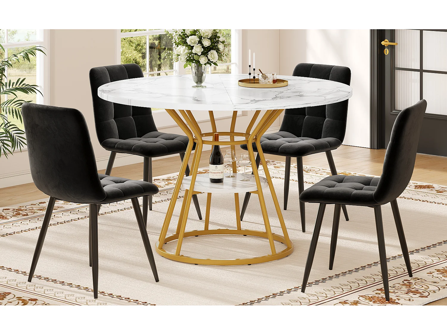 Runder Esstisch - 100 x 100 x 76 cm - mit Stauraum - Marmormuster - MDF + Metall - Gold