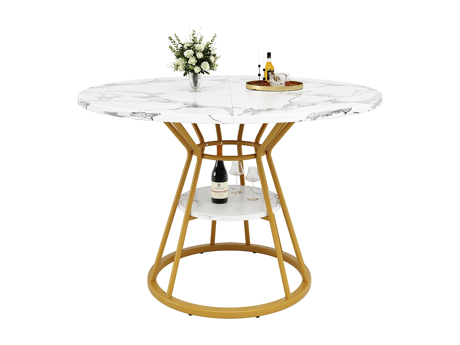 Runder Esstisch - 100 x 100 x 76 cm - mit Stauraum - Marmormuster - MDF + Metall - Gold