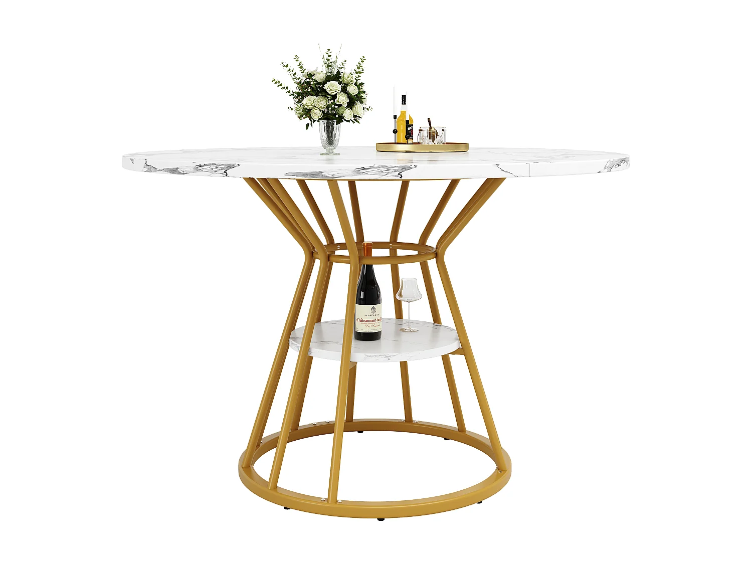 Runder Esstisch - 100 x 100 x 76 cm - mit Stauraum - Marmormuster - MDF + Metall - Gold