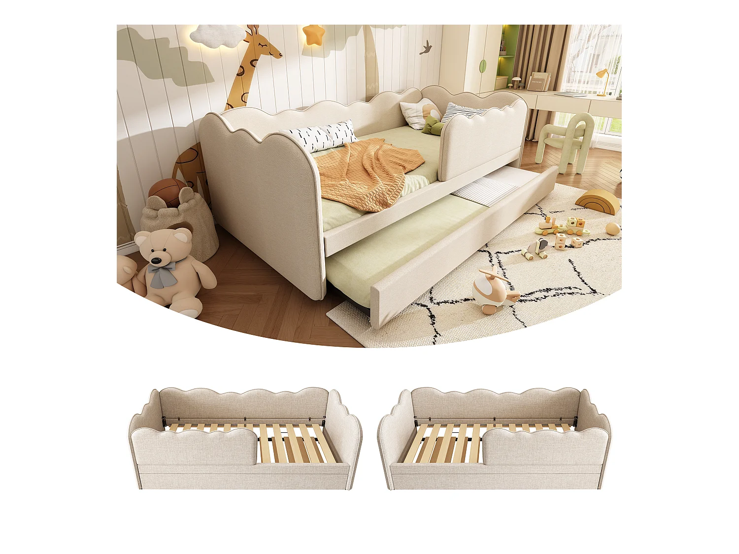 Canapé-lit rembourré - 90 x 190 cm - avec lit gigogne 90 x 190 cm + sommier à lattes - lin - beige