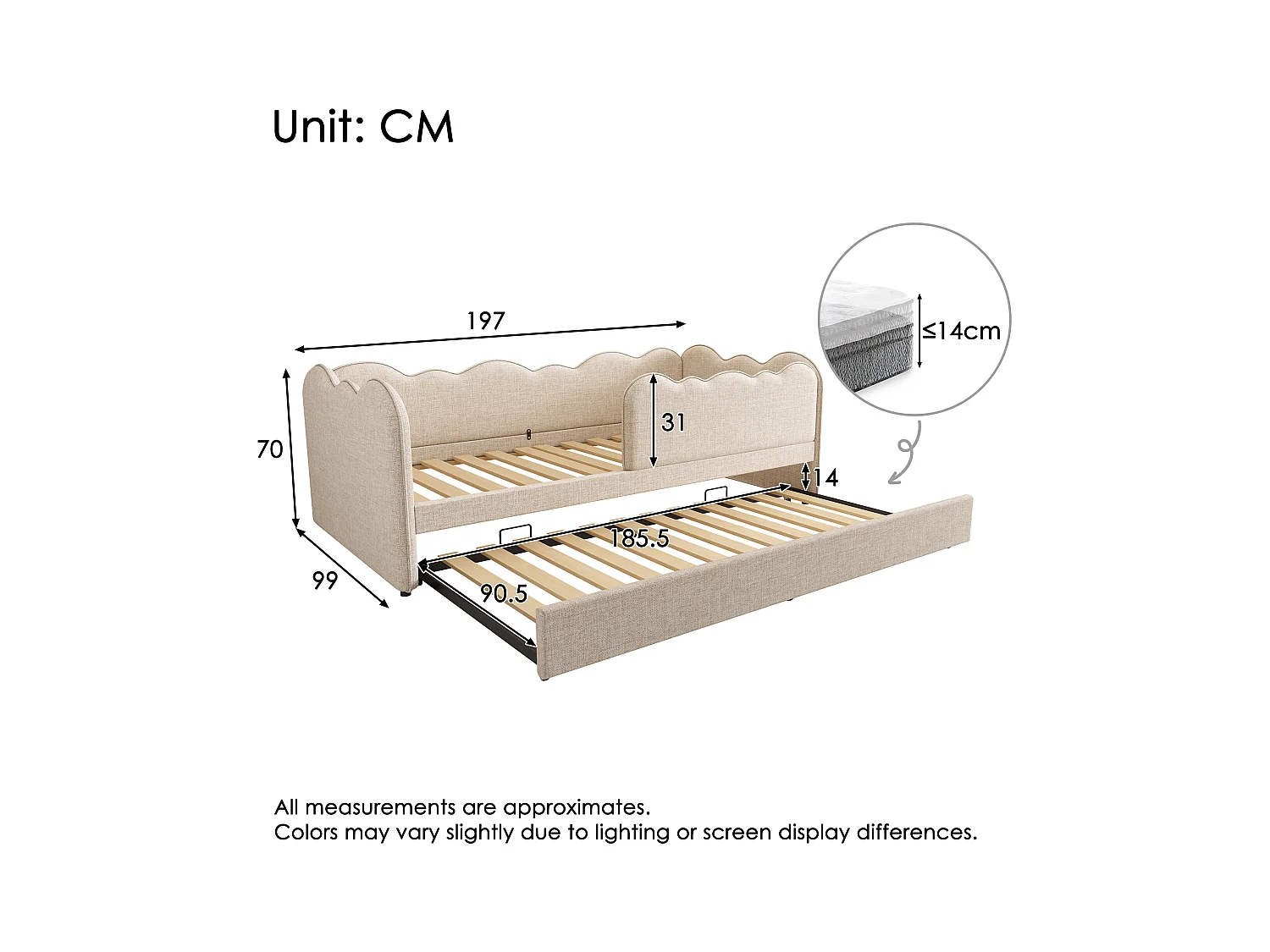 Canapé-lit rembourré - 90 x 190 cm - avec lit gigogne 90 x 190 cm + sommier à lattes - lin - beige