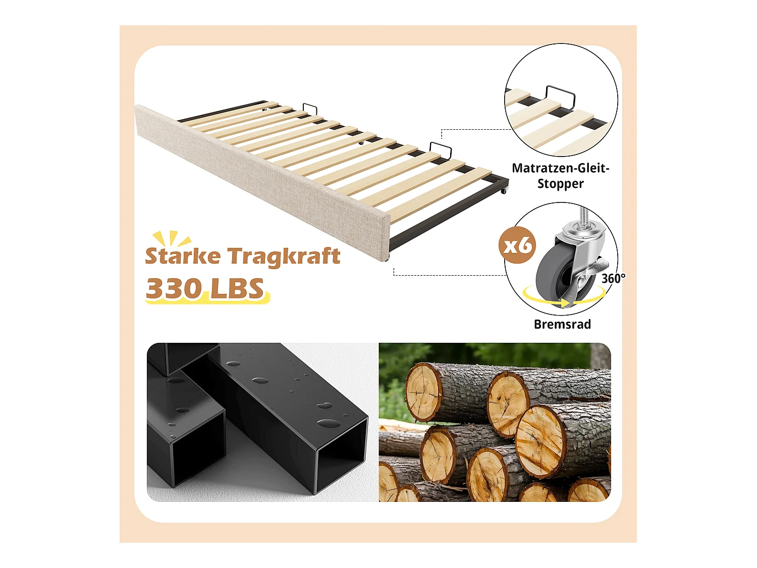 Canapé-lit rembourré - 90 x 190 cm - avec lit gigogne 90 x 190 cm + sommier à lattes - lin - beige