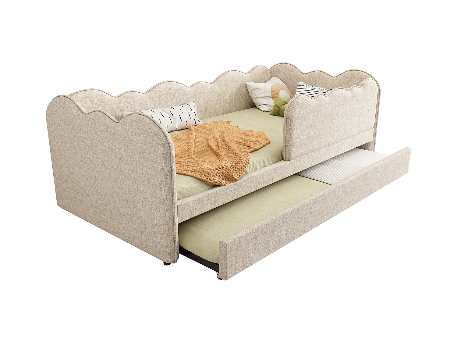 Canapé-lit rembourré - 90 x 190 cm - avec lit gigogne 90 x 190 cm + sommier à lattes - lin - beige