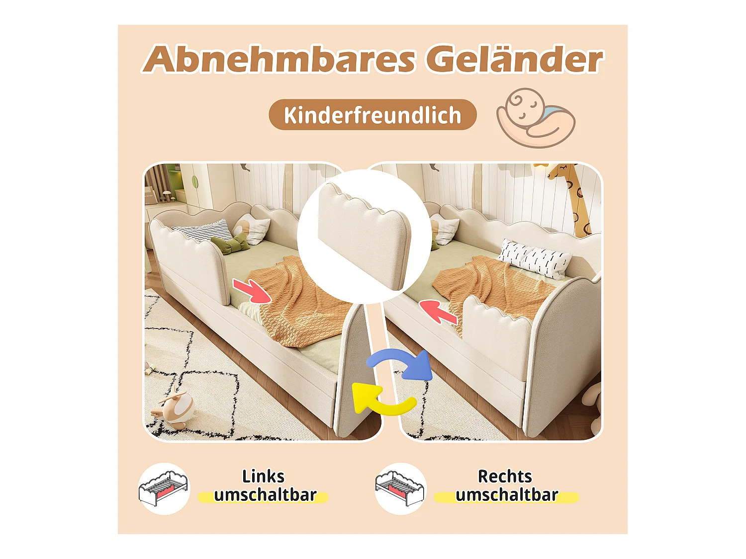 Canapé-lit rembourré - 90 x 190 cm - avec lit gigogne 90 x 190 cm + sommier à lattes - lin - beige